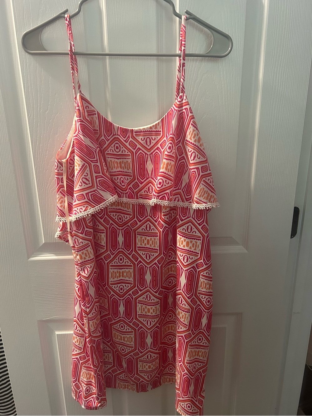 Peach Love California Pink & Coral Patterned Spaghetti Strap Dress sz L